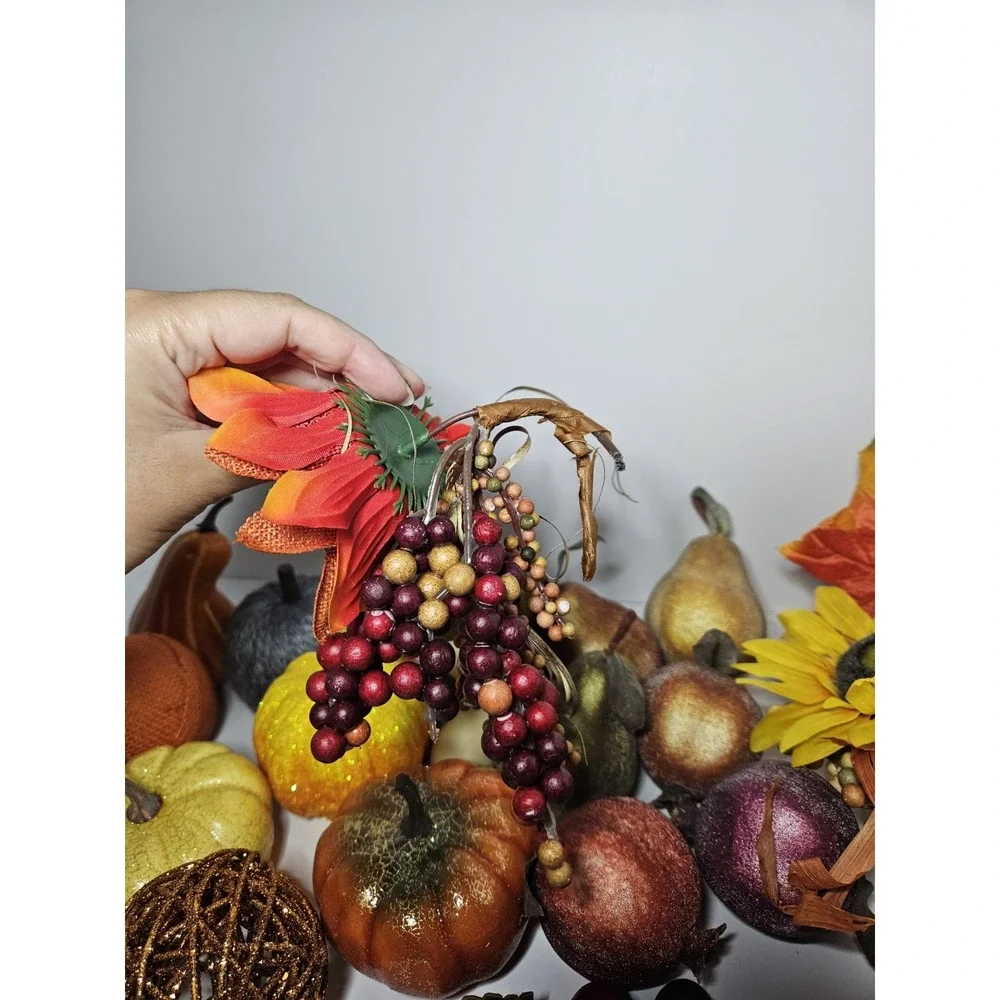 Huge Fall Decor Lot Faux Pumpkins Sunflower Fruit Grateful Sign Gourd Pinecone